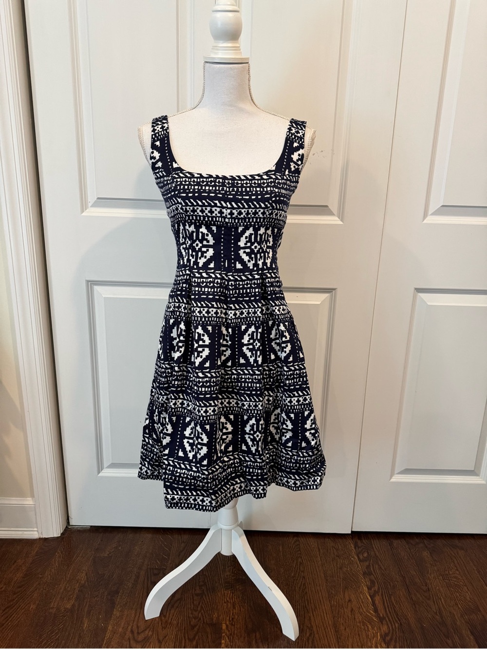 Nine West 2P Navy Blue White Geometric Print Fit & Flare Dress Petite